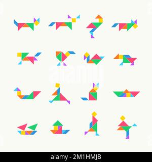 Tangram puzzle square set. Vector triangle geometric tangram template illustration chinese traditional Stock Vector