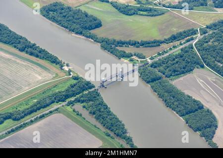 Aerial view of railroad draw bridge over Illinois River. Stock Photo