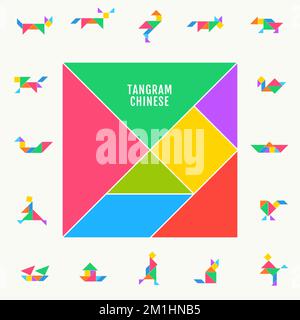 Tangram puzzle square set. Vector triangle geometric tangram template illustration chinese traditional Stock Vector
