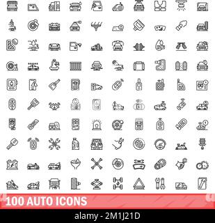 100 auto icons set. Outline illustration of 100 auto icons vector set isolated on white background Stock Vector