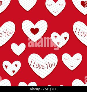 Valentine’s Day seamless pattern. Hand drawn note paper cut out hearts, and handwritten words I Love You on red background. For wrapping, flyers etc Stock Photo