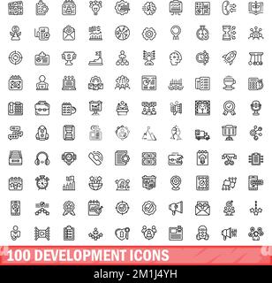 100 development icons set. Outline illustration of 100 development icons vector set isolated on white background Stock Vector