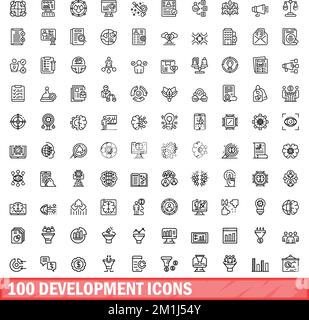 100 development icons set. Outline illustration of 100 development icons vector set isolated on white background Stock Vector