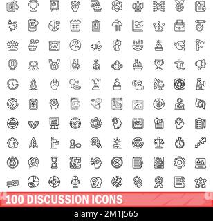 100 discussion icons set. Outline illustration of 100 discussion icons vector set isolated on white background Stock Vector