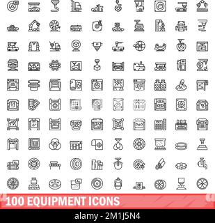 100 equipment icons set. Outline illustration of 100 equipment icons vector set isolated on white background Stock Vector