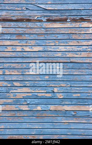Old barnwood straight on vertical texture with peeling blue paint Stock Photo