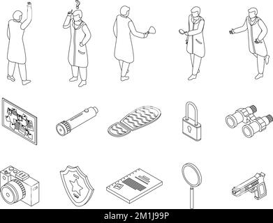 Investigator icons set. Isometric set of investigator vector icons outline on white thin line collection Stock Vector