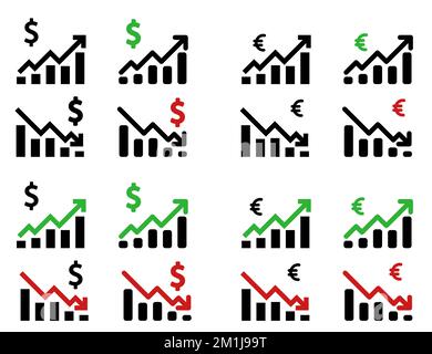 Vector illustration of the dollar euro currency appreciation icon. A money symbol with a trailing up and down arrow. Stock Vector