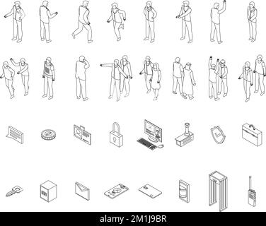 Personal guard icons set. Isometric set of personal guard vector icons outline on white thin line collection Stock Vector