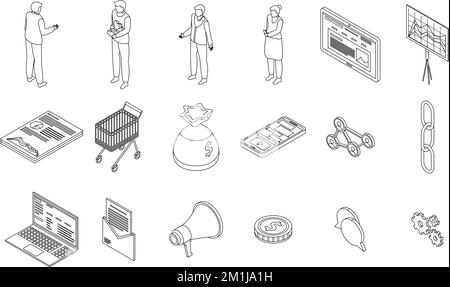 Affiliate marketing icons set. Isometric set of affiliate marketing vector icons outline on white thin line collection Stock Vector