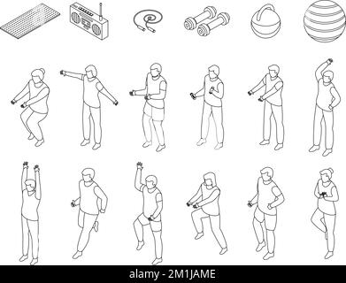 Workout seniors icons set. Isometric set of workout seniors vector icons outline on white thin line collection Stock Vector