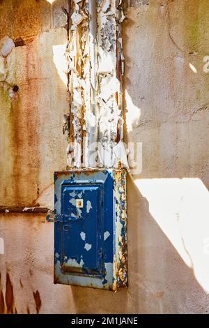 Abandoned plaster wall detail with blue peeling painted power box in sunspot Stock Photo