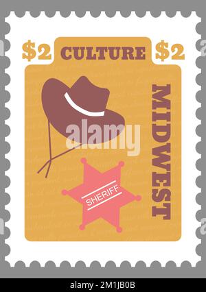 Culture of Midwest, sheriff hat postmark with price Stock Vector