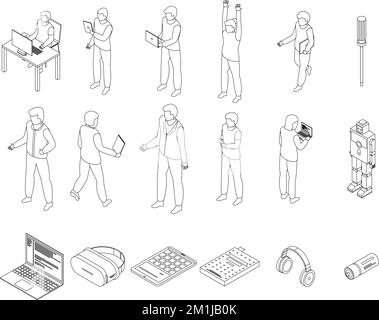 Programming for children icons set. Isometric set of programming for children vector icons outline on white thin line collection Stock Vector