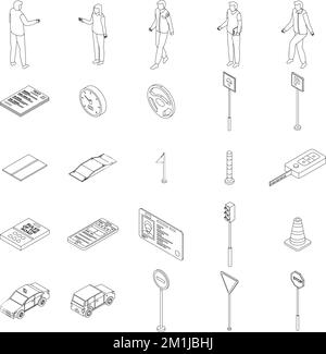 Driving school icons set. Isometric set of driving school vector icons outline on white thin line collection Stock Vector