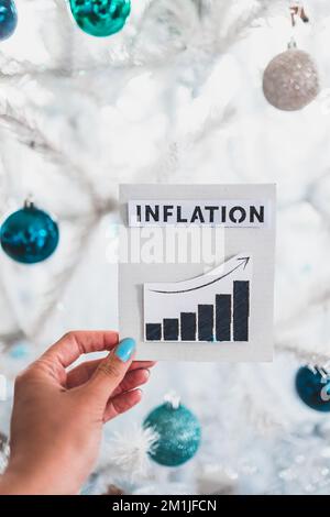 Inflation text and graph with growing stats in front of Christmas tree with decorations, concept of the post pandemic economy in witner 2022 Stock Photo