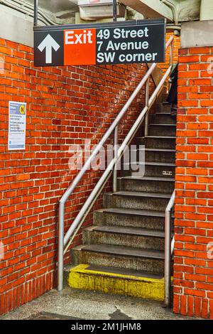 New York City subway staircase exit 49 Street 7 Avenue with orange bricks Stock Photo