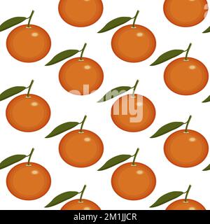 Seamless pattern of mandarin oranges and leaves on white Stock Vector