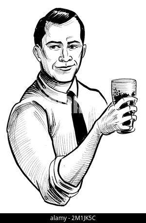 Happy man drinking beer. Ink black and white drawing Stock Photo - Alamy