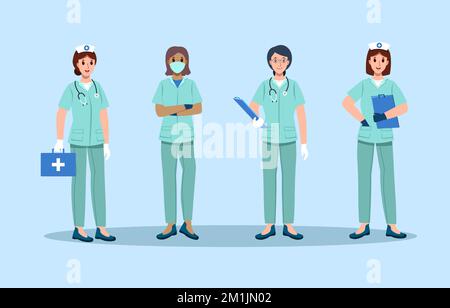 Lady nurses with green uniform hold medical bag and chart . Cartoon characters flat design . Vector . Stock Vector