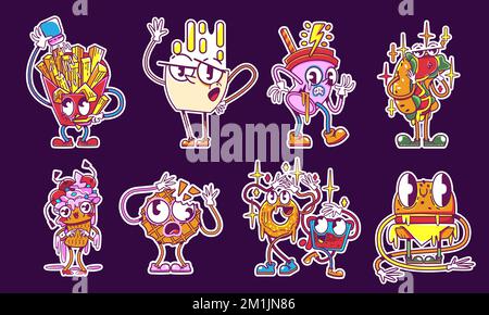 Fast food icons, cute retro stickers in y2k style. Vintage patches with funny burger, hot dog, donut, french fries, coffee and ice cream, vector cartoon set isolated on background Stock Vector