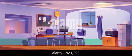 Detective office interior at night time. Police workplace cabinet with computer on desk, board with evidences of crime, window into interrogation room and coat on hanger. Cartoon vector illustration Stock Vector