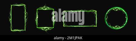 Electric lightning frames. Rectangle, square and circle borders with green thunderbolt strikes and neon glowing isolated on black background, vector realistic set Stock Vector