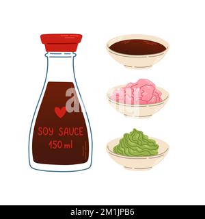 Soy sauce, ginger, wasabi set japan asian food vector logo design pack isolated on white background Stock Vector