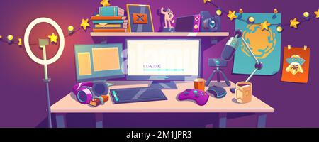 Workplace of game streamer or blogger. Room interior with computer on table, microphone, led ring lamp on tripod, headphones. Home studio of stream video in social networks Cartoon vector illustration Stock Vector