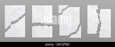 Realistic set of torn paper sheets isolated on grey background. Vector illustration of ripped blank white pages with uneven texture edges. Damaged document or photography mockup, broken agreement Stock Vector