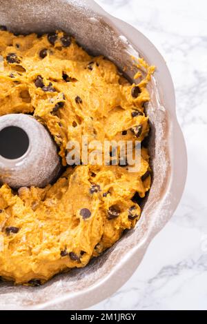 Chocolate pumpkin bundt cake with toffee glaze Stock Photo