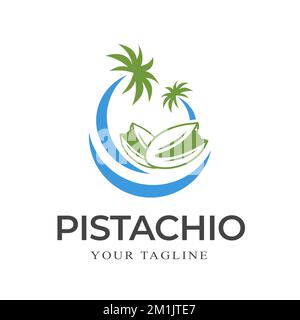 Pistachio nuts with sea and palm tree symbol, logo template. Pistachio seeds with shell, vector design. Vegetarian and organic, natural food and nutri Stock Vector