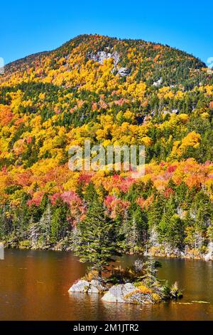 Small island with lone pine tree on New Hampshire Lake surrounded by peak fall foliage mountains Stock Photo