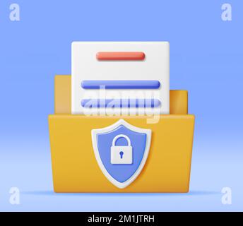 3D Document Folder with Padlock in Shield Stock Vector