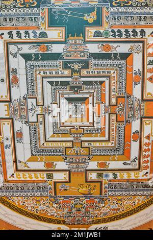 Tibetan Mongolian Buddhist style artwork on ceiling inside of Chorten Stock Photo