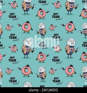 Coffee paper cup and donut as detectives partners, policemen investigating crime. Fast food seamless pattern. Hand drawn Comic doodle sketch style. Ve Stock Vector