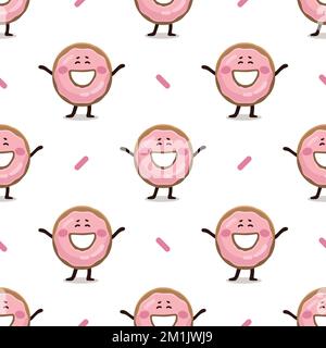 Happy Donut seamless pattern. Pink Doughnut texture illustration. Fast food illustration in flat style. Funny children's flat digital textile pattern Stock Vector