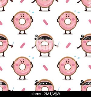 Donut robber with knife and scared donut seamless pattern. Pink Doughnut texture illustration. Funny kids flat digital textile pattern of pink glazed Stock Vector