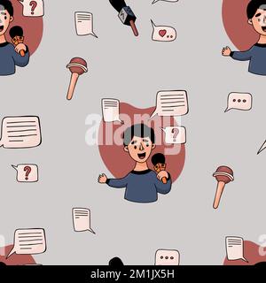 Seamless pattern profession journalism. Male journalist reporter with microphone on gray background with online messages and text bubbles. Vector Stock Vector