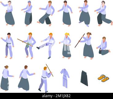 Aikido icons set isometric vector. Fight people. Sport Stock Vector