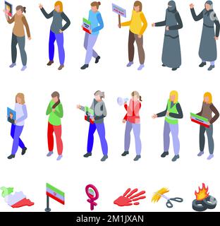 Iran protests icons set isometric vector. Woman hair. Girl flag Stock Vector