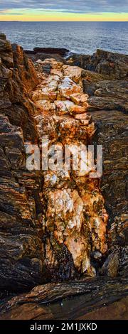 Large mineral quartz vein in rocky Maine coast detail with ocean in background Stock Photo