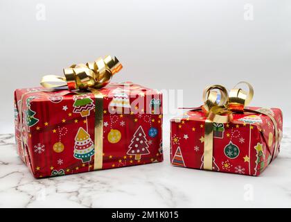 Christmas gift boxes isolated on marble background. Copy space for your text Stock Photo