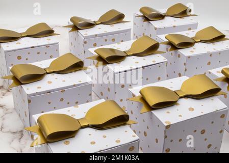 Christmas gift boxes isolated on marble background. Copy space for your text Stock Photo