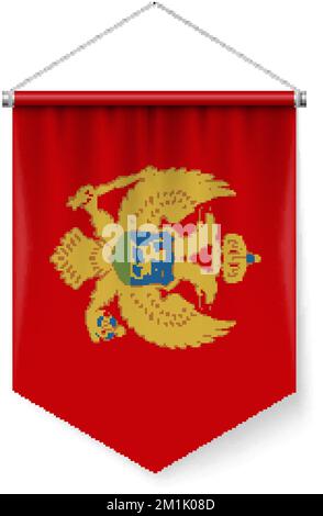 Vertical Pennant Flag of Montenegroas Icon on White with Shadow Effects. Patriotic Sign in Official Color and Flower Montenegrin Flag with Metallic Po Stock Vector