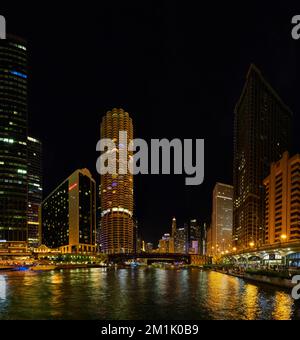 Chicago canals at night with skyscrapers lit up Stock Photo