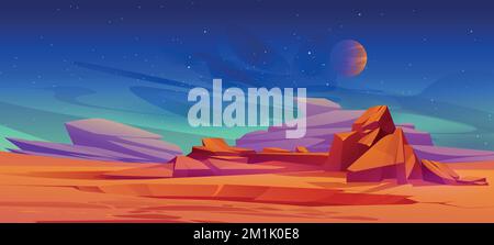 Mars surface, alien planet landscape, cartoon background with red desert, rocks crater and stars shine on dark night sky. Martian extraterrestrial com Stock Vector
