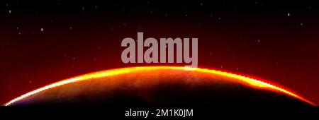 Mars alien planet edge in sunrise light on black sky with shining stars. Outer space background, planet globe with red glow, luminous atmosphere on ho Stock Vector