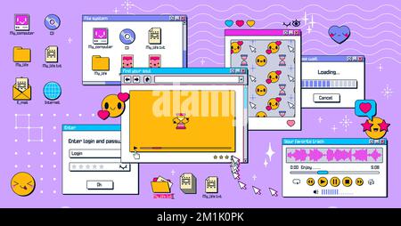 Y2k windows on computer pc desktop. Retro screen in retrowave, vaporwave 90s style with smile face hipster stickers, video player, message boxes and p Stock Vector