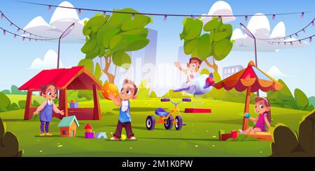 Children playing on playground with cityscape view. little boys and girls sitting in sand box with toy, wooden hut and airplane swing. Kids outdoor fu Stock Vector